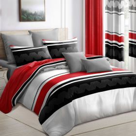 9-Piece Red & Geometric Zigzag Bedding & Curtain Set (Queen/King/Cal King) - Quilted Microfiber Bedspread + Sheer Curtains (Color: Red/Black Stripes, size: KING)